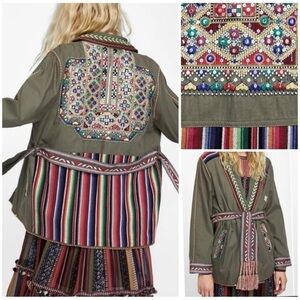 Zara Women Sz XS Embroidered Colorful Braided Belted Kimono-Style Rainbow Jacket